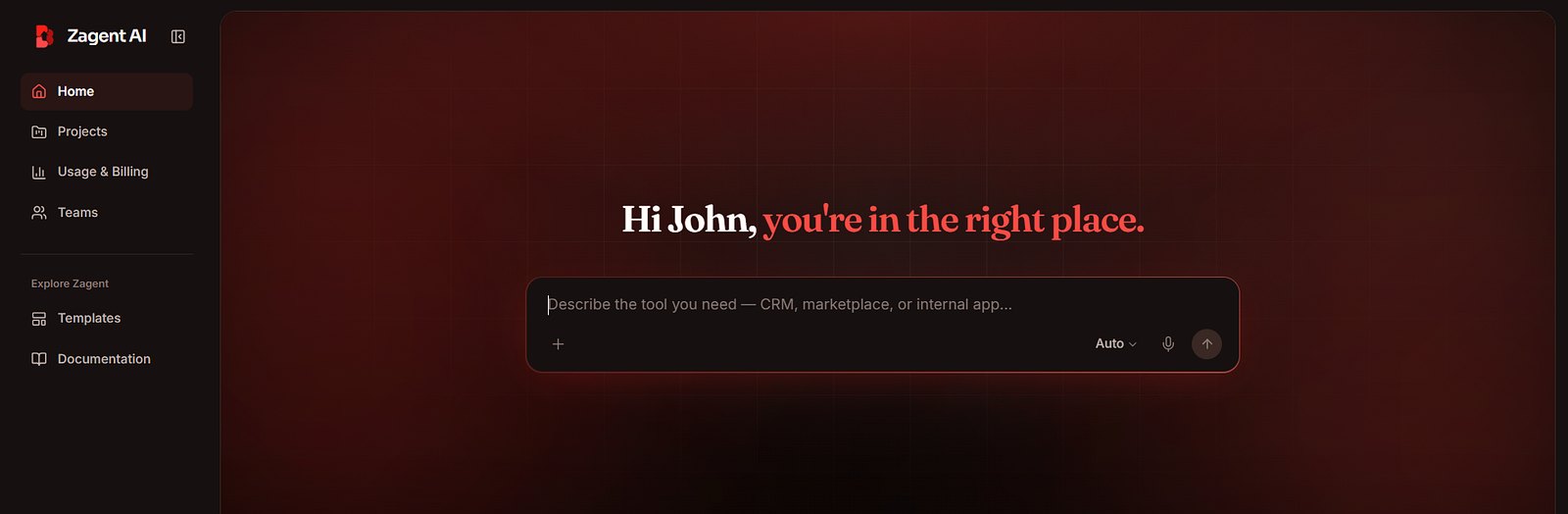Zagent AI prompt box, where a founder describes the tool they need